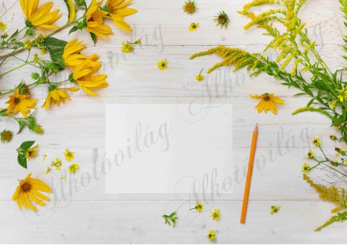 Fotóháttér sárga virágokkal, papírlappal, ceruzával fa háttérrel termékfotózáshoz