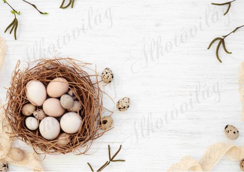 Húsvéti fotóháttér tojások fészekben, termésekkel termékfotózáshoz