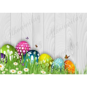   Húsvéti fotóháttér vidám tojásokkal, százszorszépekkel, pillangókkal fa deszkás háttéren termékfotózáshoz
