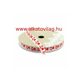   Szatén szalag fehér alapon piros apró szívekkel - 1cm széles