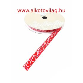   Szatén szalag piros alapon fehér áttört szívekkel - 1cm széles