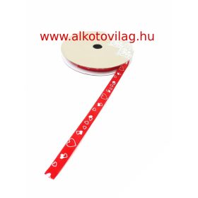   Szatén szalag piros alapon kisebb-nagyobb fehér szívekkel - 1cm széles